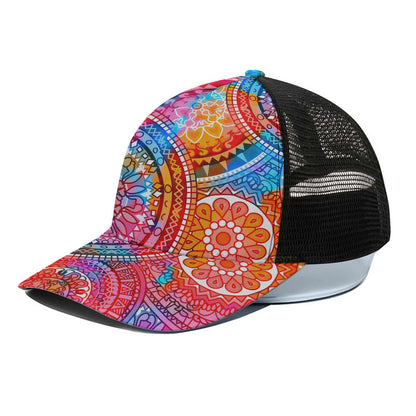 Colorful Circle Mandala Print Black Mesh Trucker Cap