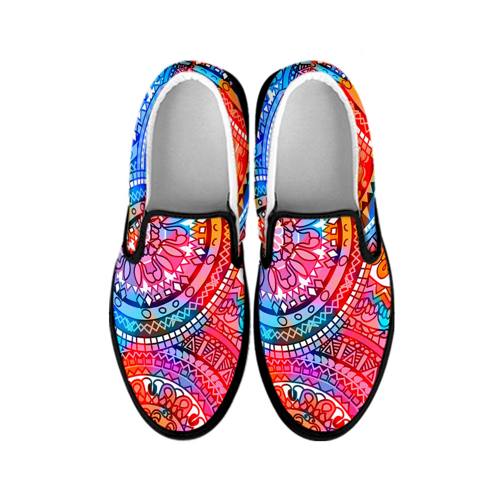 Colorful Circle Mandala Print Black Slip On Sneakers