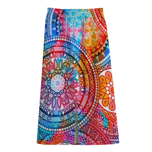 Colorful Circle Mandala Print Cotton Front Slit Maxi Skirt
