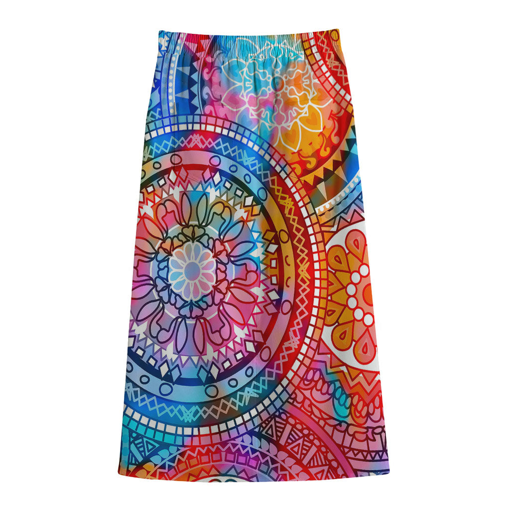 Colorful Circle Mandala Print Cotton Front Slit Maxi Skirt