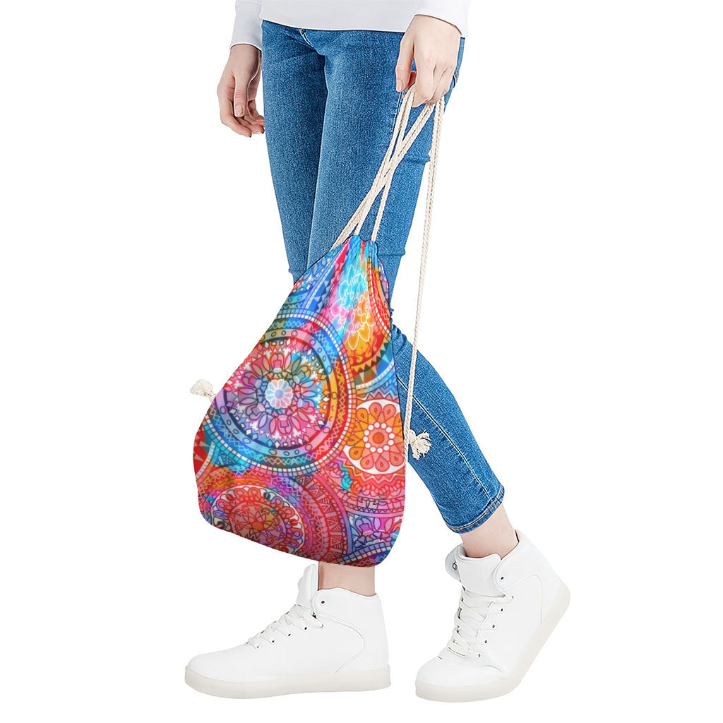 Colorful Circle Mandala Print Drawstring Bag