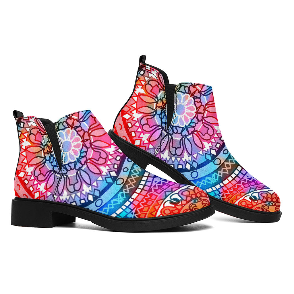 Colorful Circle Mandala Print Flat Ankle Boots