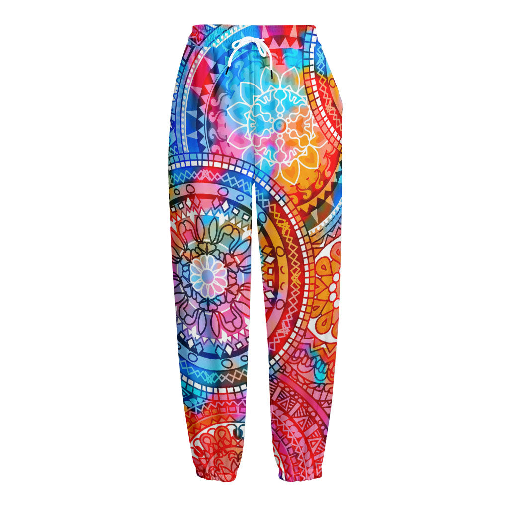 Colorful Circle Mandala Print Fleece Lined Knit Pants