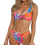 Colorful Circle Mandala Print Front Bow Tie Bikini