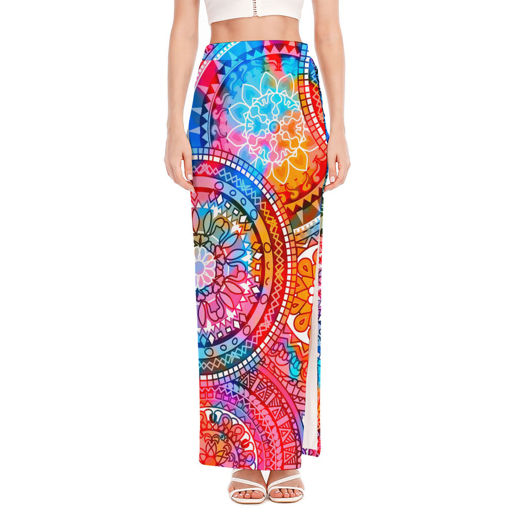 Colorful Circle Mandala Print High Slit Maxi Skirt