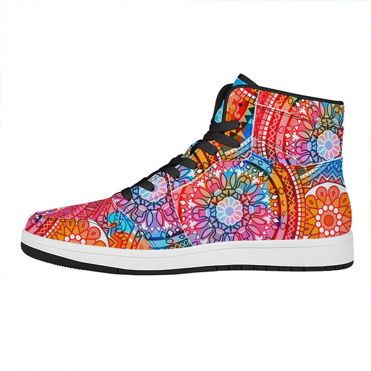 Colorful Circle Mandala Print High Top Leather Sneakers