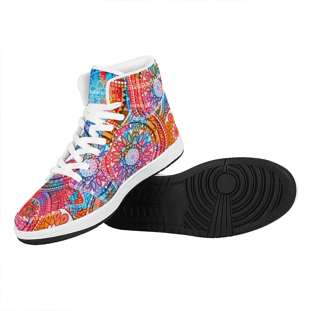 Colorful Circle Mandala Print High Top Leather Sneakers