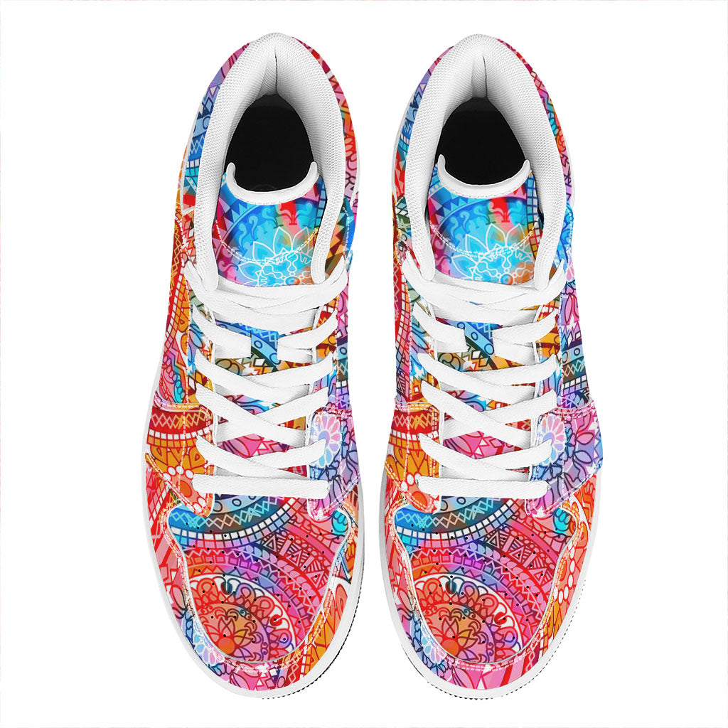 Colorful Circle Mandala Print High Top Leather Sneakers