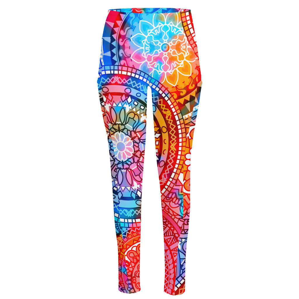 Colorful Circle Mandala Print High-Waisted Pocket Leggings