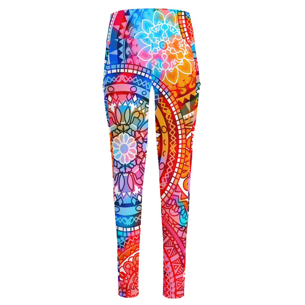 Colorful Circle Mandala Print High-Waisted Pocket Leggings