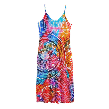 Colorful Circle Mandala Print Jersey Midi Cami Dress