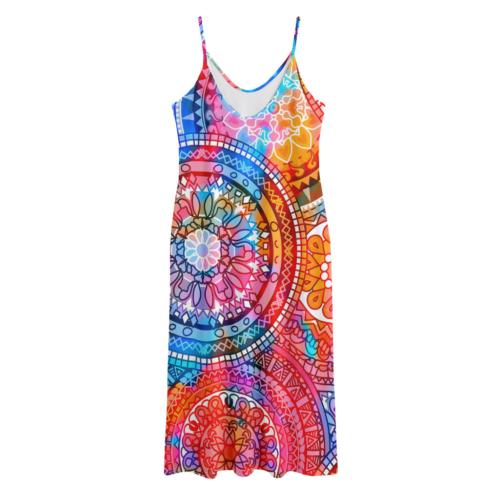 Colorful Circle Mandala Print Jersey Midi Cami Dress