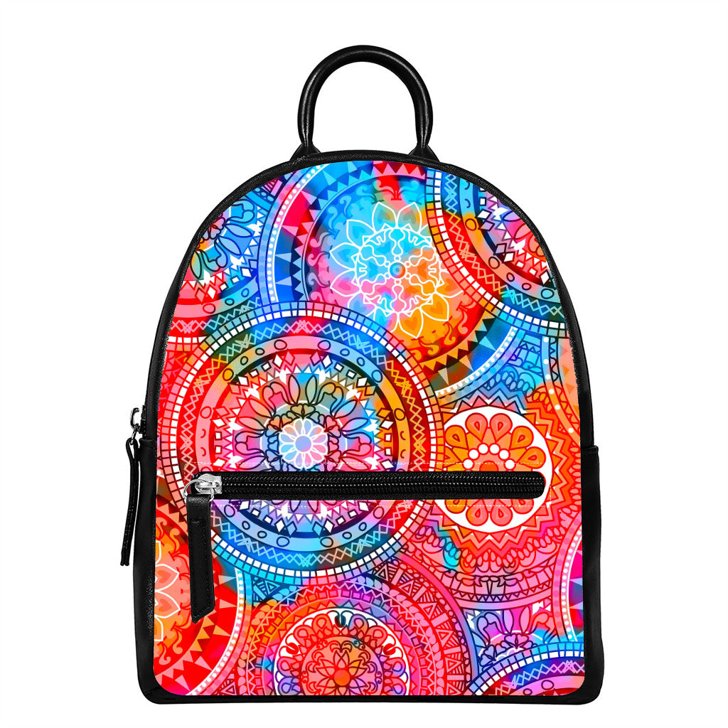 Colorful Circle Mandala Print Leather Backpack