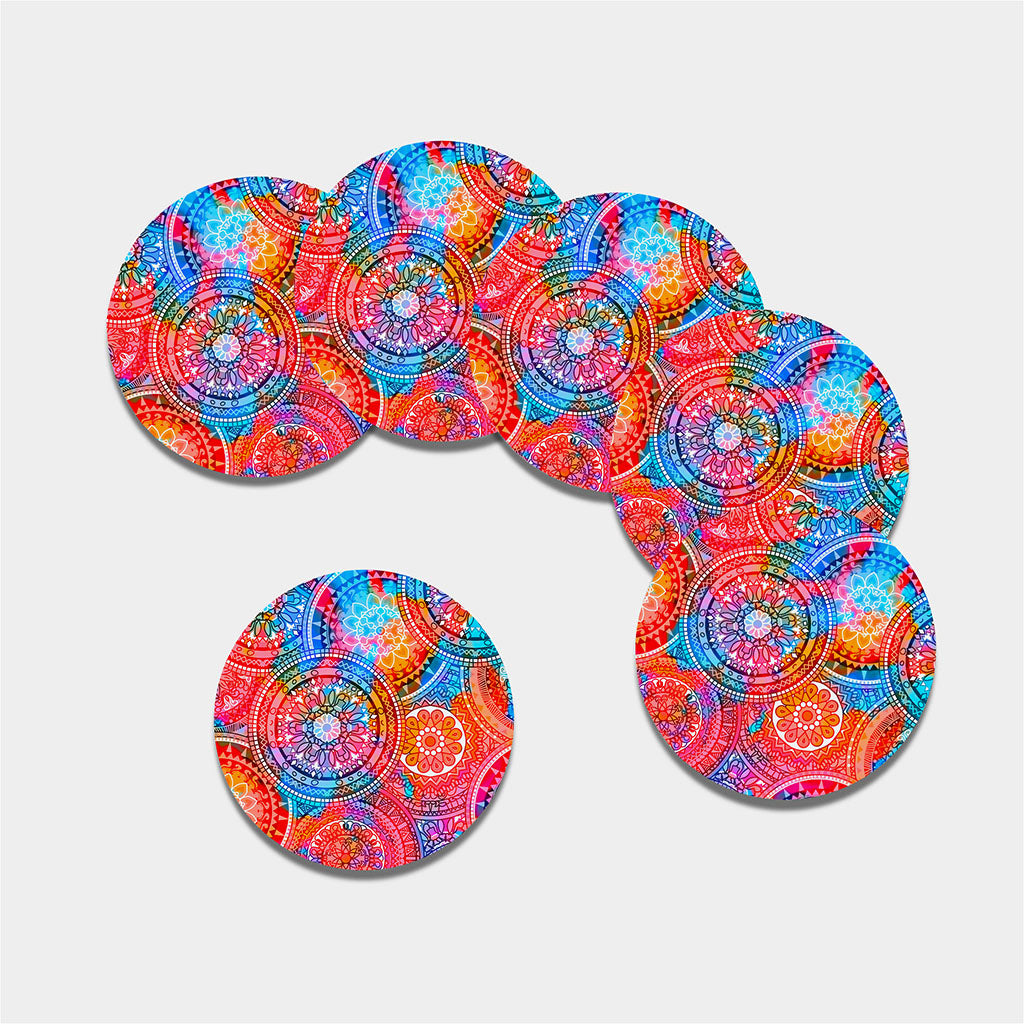 Colorful Circle Mandala Print Leather Coaster Set