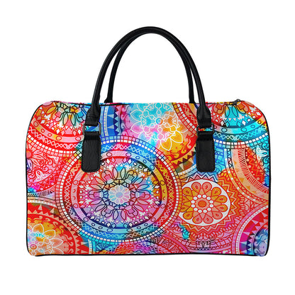 Colorful Circle Mandala Print Leather Duffle Bag