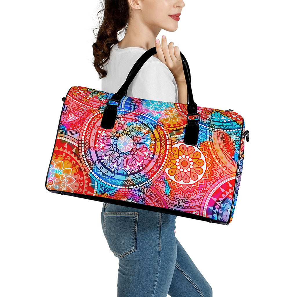Colorful Circle Mandala Print Leather Duffle Bag