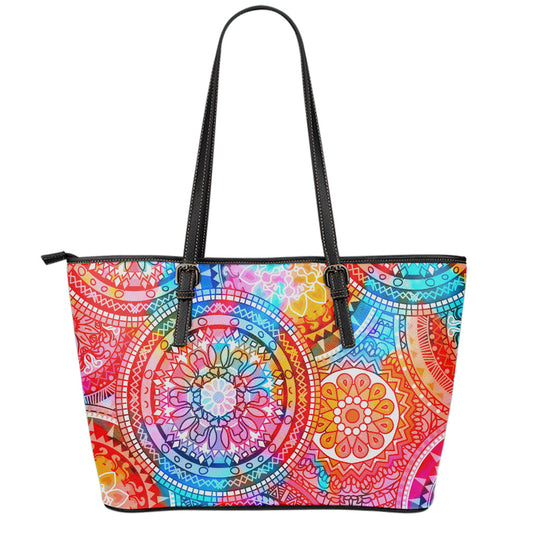 Colorful Circle Mandala Print Leather Tote Bag