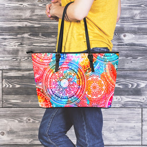 Colorful Circle Mandala Print Leather Tote Bag
