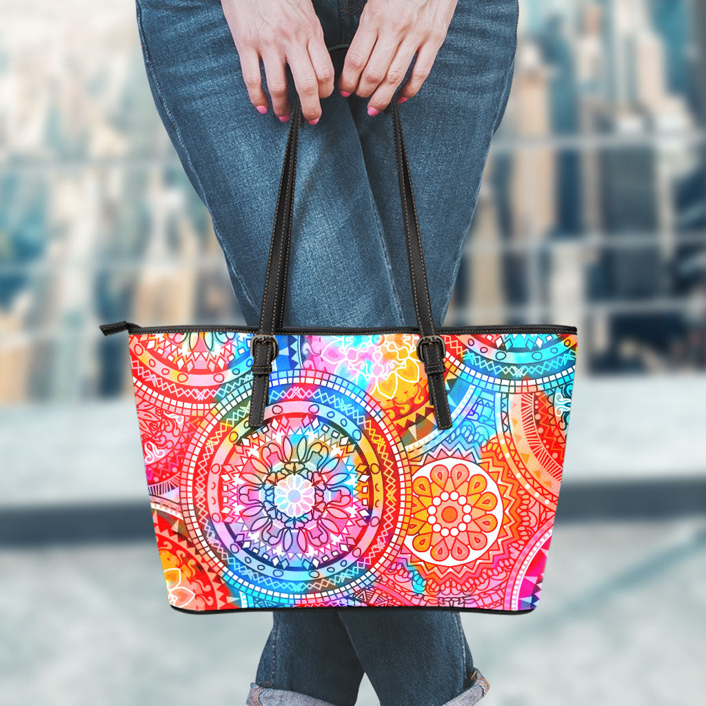 Colorful Circle Mandala Print Leather Tote Bag