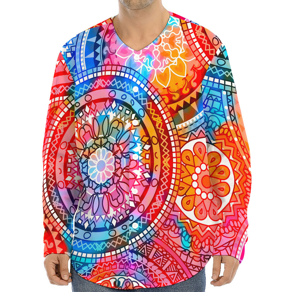 Colorful Circle Mandala Print Long Sleeve Baseball Jersey