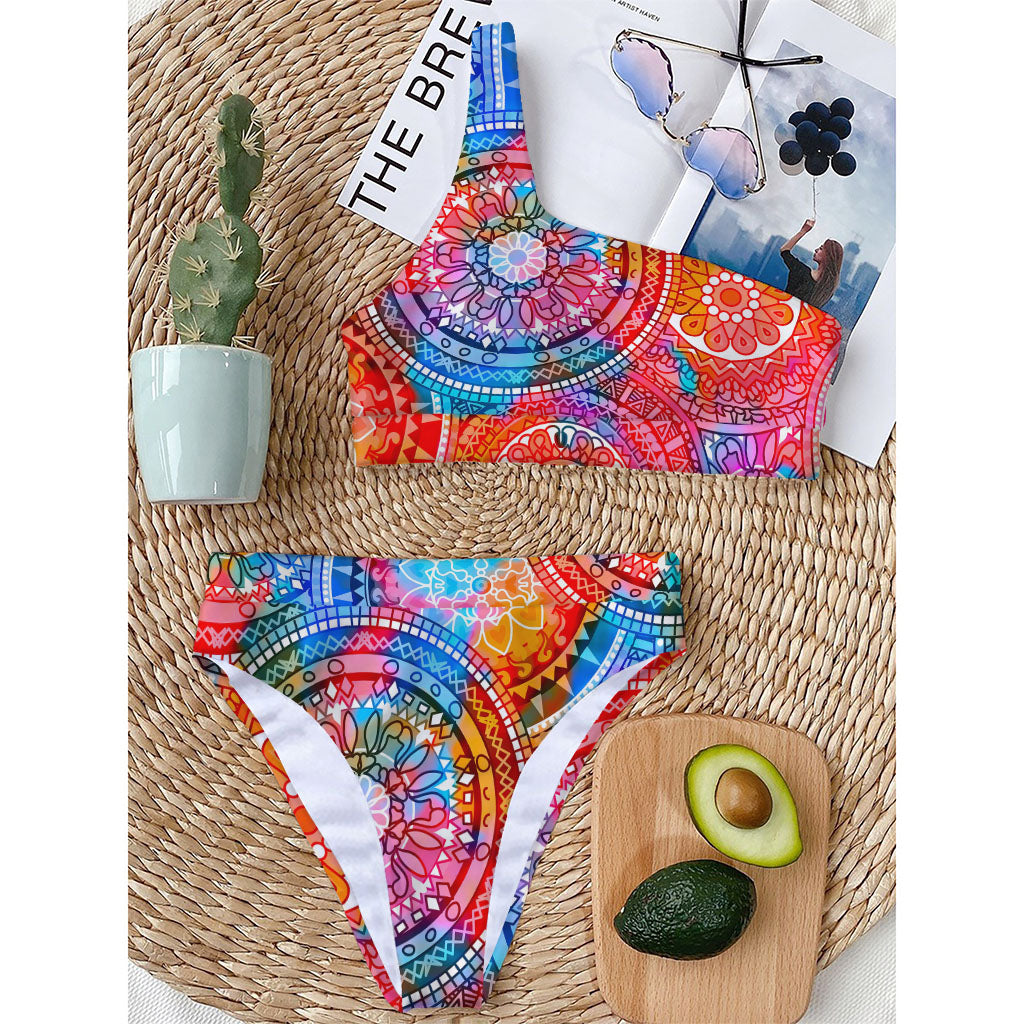 Colorful Circle Mandala Print One Shoulder Bikini Top
