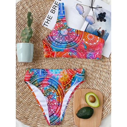 Colorful Circle Mandala Print One Shoulder Bikini Top