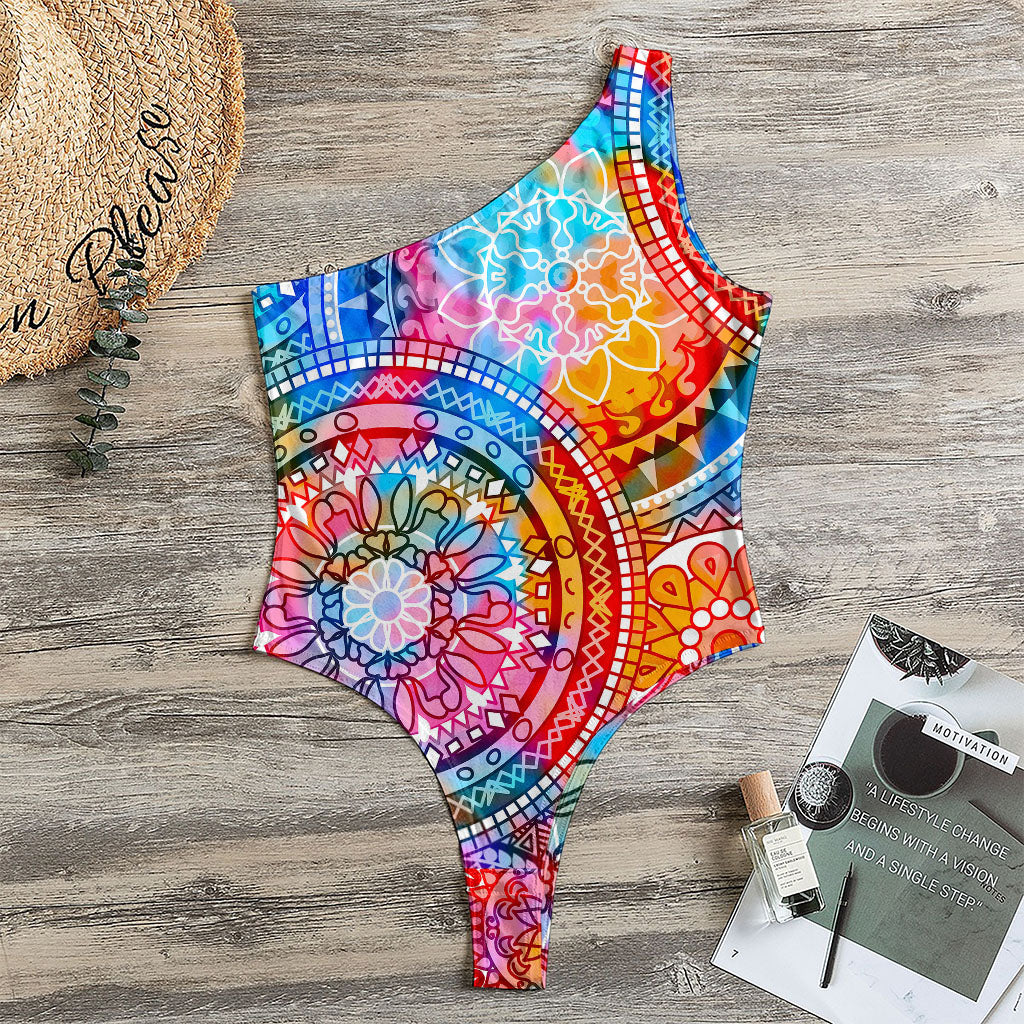 Colorful Circle Mandala Print One Shoulder Bodysuit