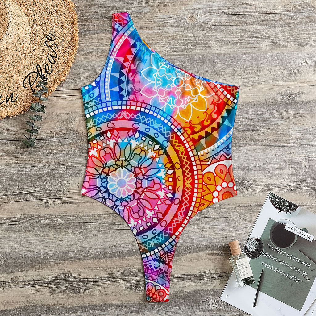 Colorful Circle Mandala Print One Shoulder Bodysuit