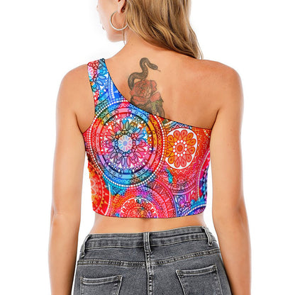 Colorful Circle Mandala Print One Shoulder Crop Top