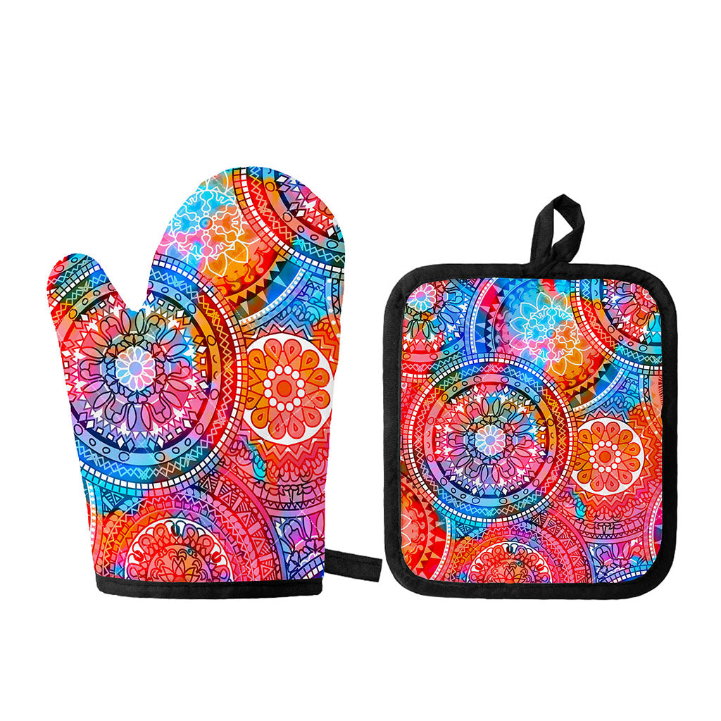 Colorful Circle Mandala Print Oven Mitt And Pot Holder Set