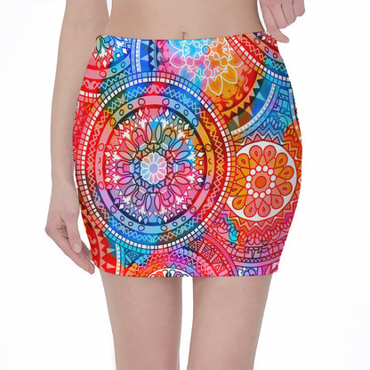 Colorful Circle Mandala Print Pencil Mini Skirt