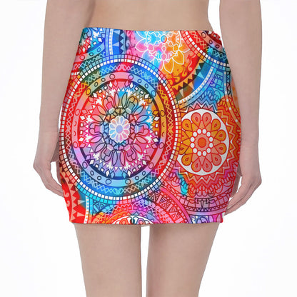 Colorful Circle Mandala Print Pencil Mini Skirt