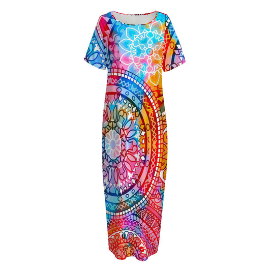 Colorful Circle Mandala Print Short Sleeve Long Nightdress