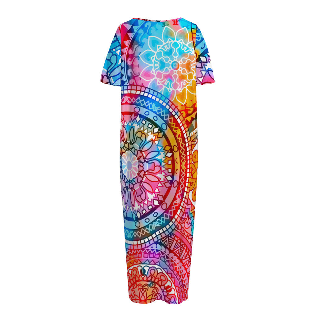 Colorful Circle Mandala Print Short Sleeve Long Nightdress