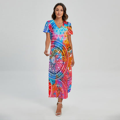 Colorful Circle Mandala Print Short Sleeve Maxi Dress