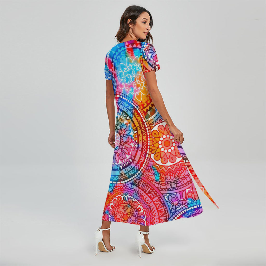 Colorful Circle Mandala Print Short Sleeve Maxi Dress