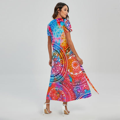 Colorful Circle Mandala Print Short Sleeve Maxi Dress