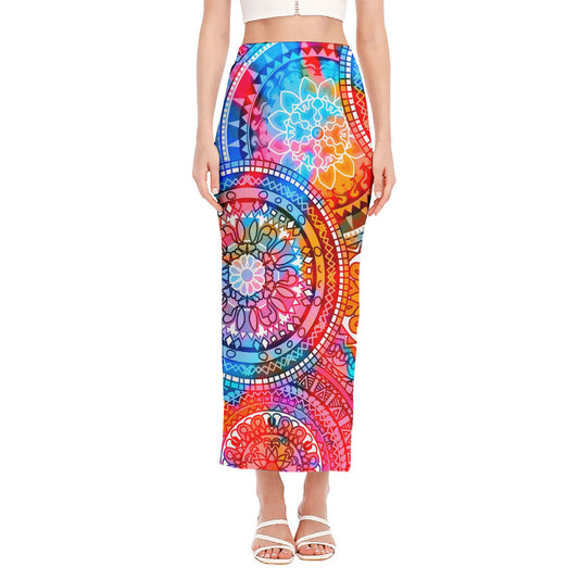 Colorful Circle Mandala Print Side Slit Maxi Skirt
