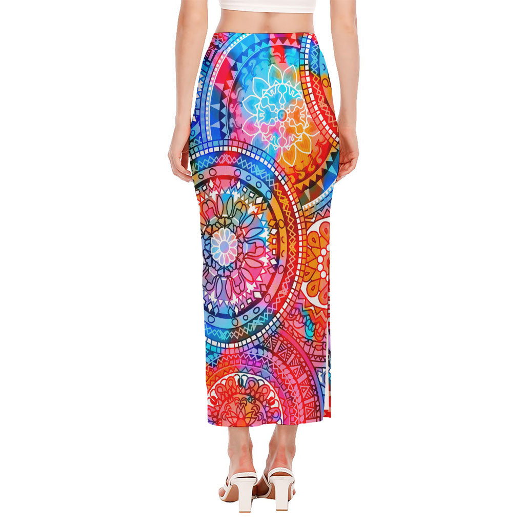 Colorful Circle Mandala Print Side Slit Maxi Skirt
