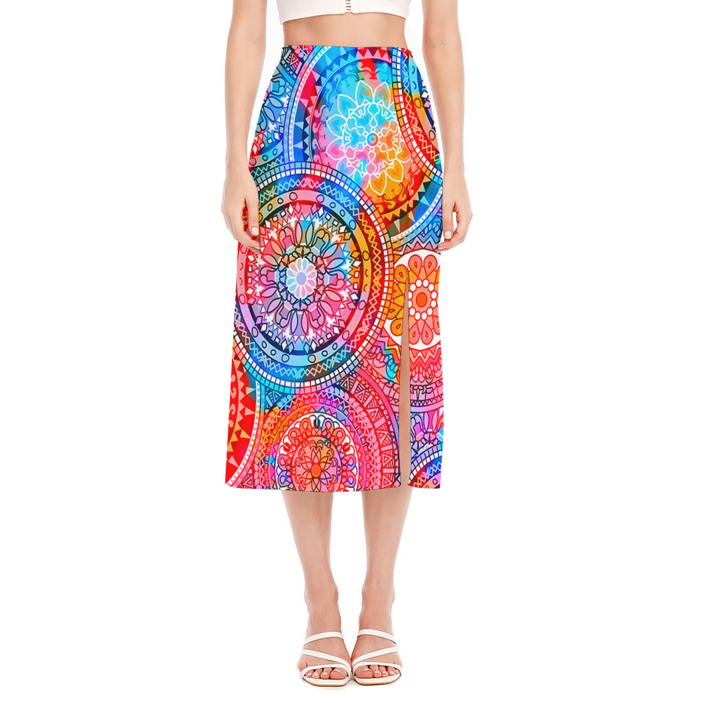 Colorful Circle Mandala Print Side Slit Midi Skirt