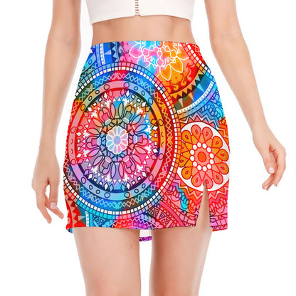 Colorful Circle Mandala Print Side Slit Mini Skirt
