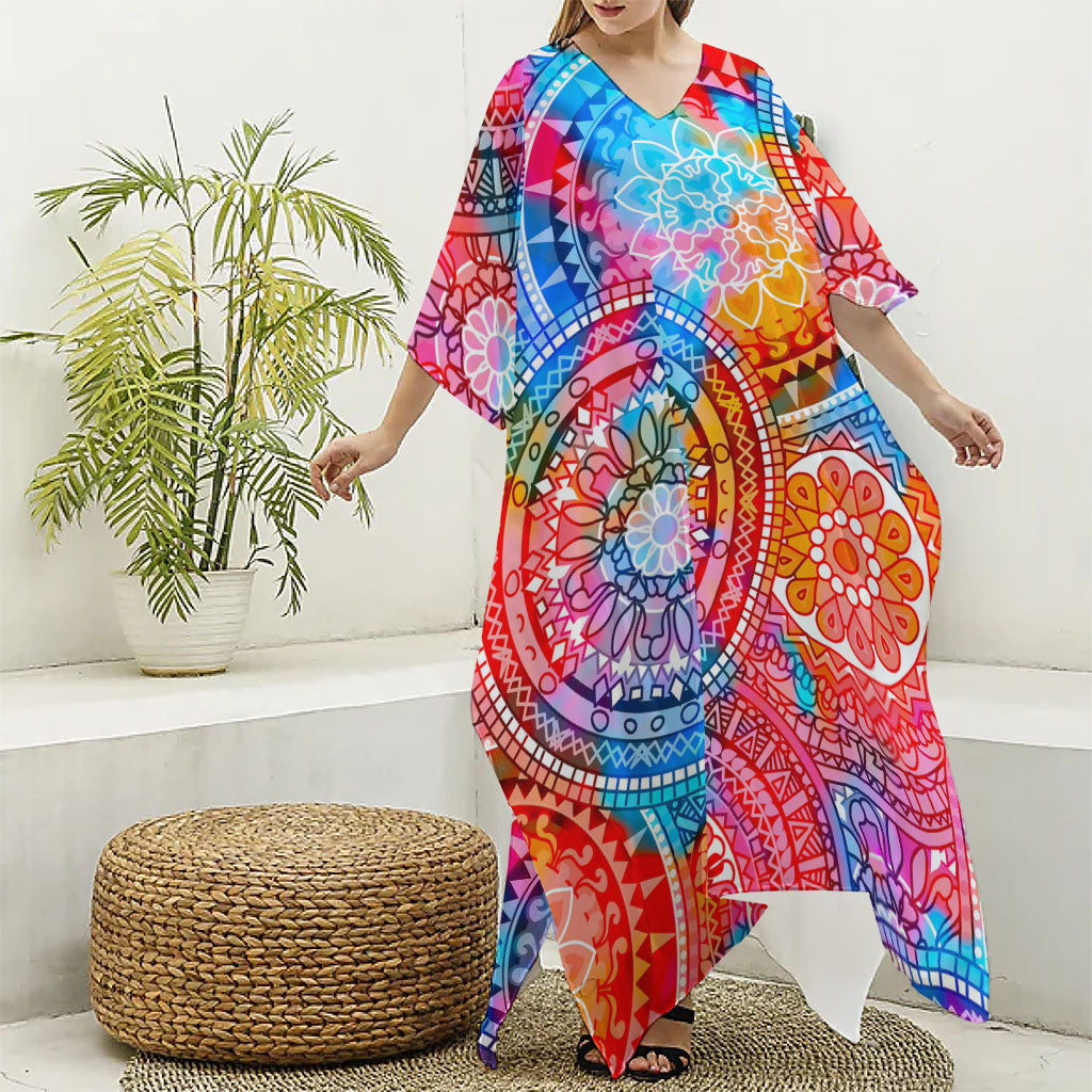 Colorful Circle Mandala Print Silk V-Neck Kaftan Dress