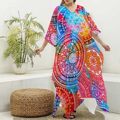 Colorful Circle Mandala Print Silk V-Neck Kaftan Dress