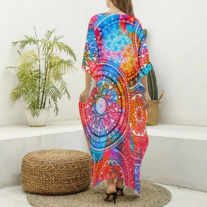 Colorful Circle Mandala Print Silk V-Neck Kaftan Dress