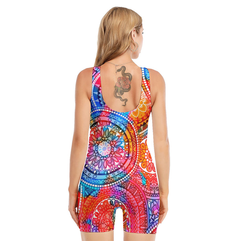Colorful Circle Mandala Print Sleeveless One Piece Swimsuit
