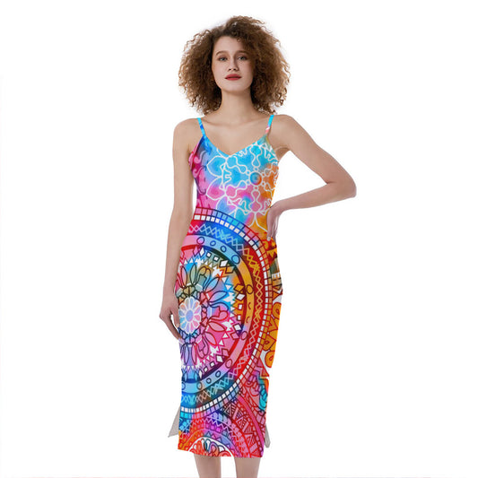 Colorful Circle Mandala Print Slim Fit Midi Cami Dress