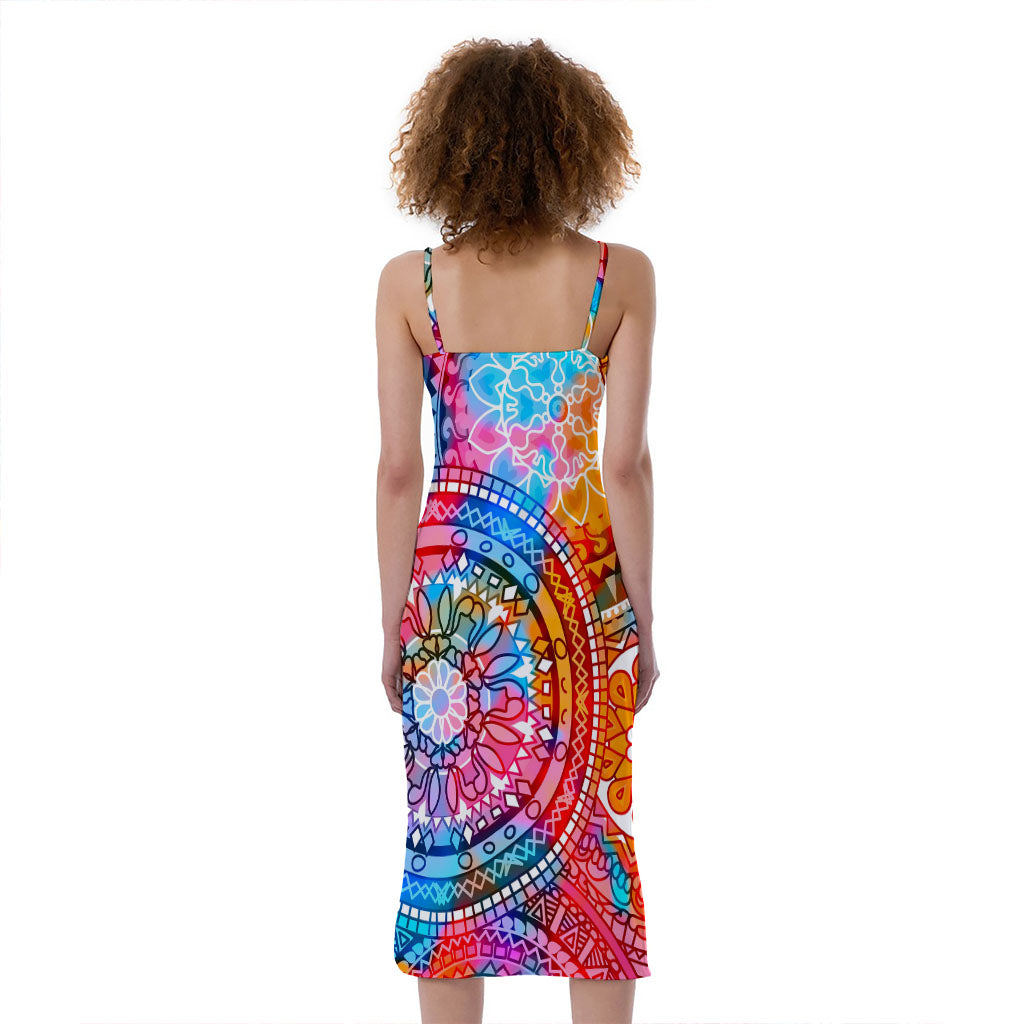 Colorful Circle Mandala Print Slim Fit Midi Cami Dress