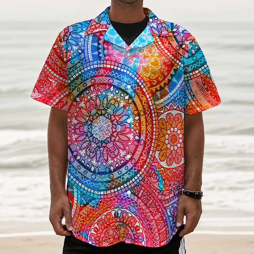 Colorful Circle Mandala Print Textured Short Sleeve Shirt