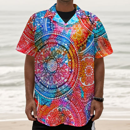 Colorful Circle Mandala Print Textured Short Sleeve Shirt
