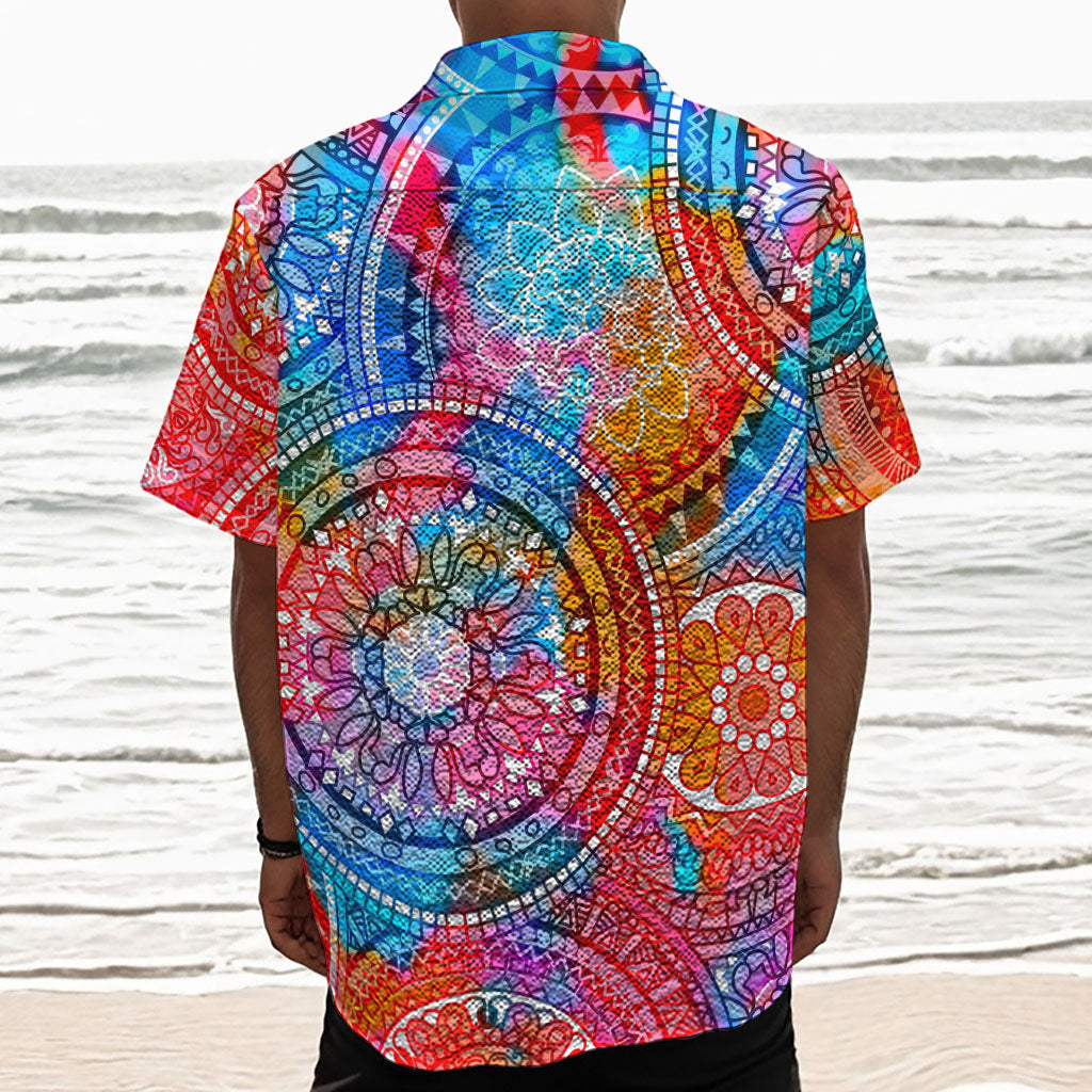 Colorful Circle Mandala Print Textured Short Sleeve Shirt